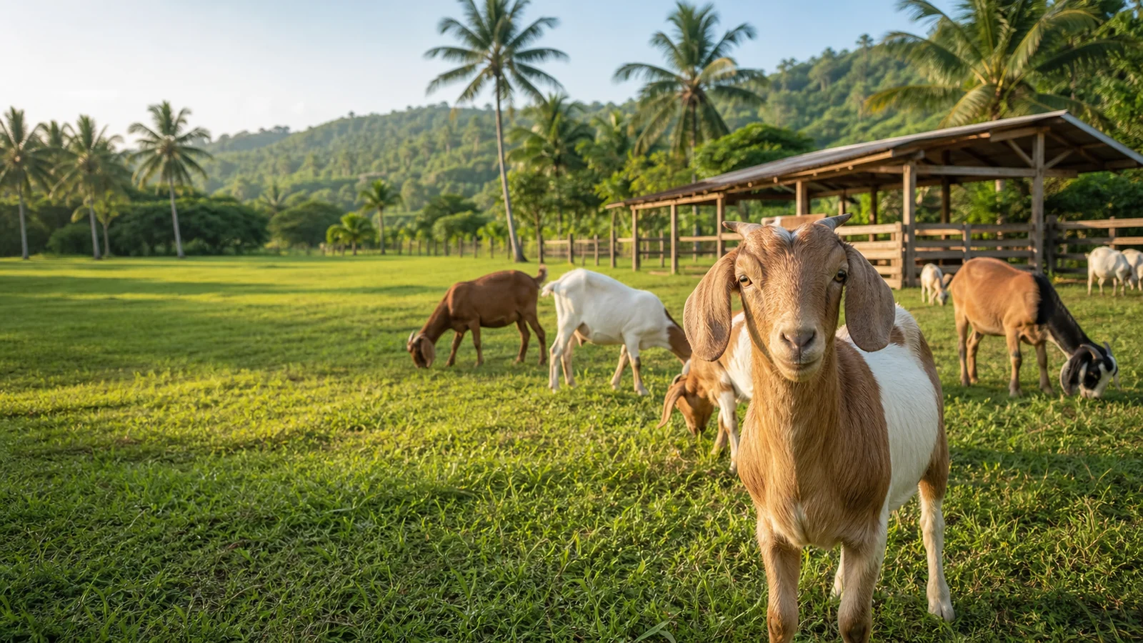 Healthy goats grazing on a tropical pasture